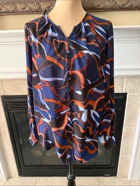 NWOT Nine West Navy Blouse with Rust and Light Blue Swirls Med